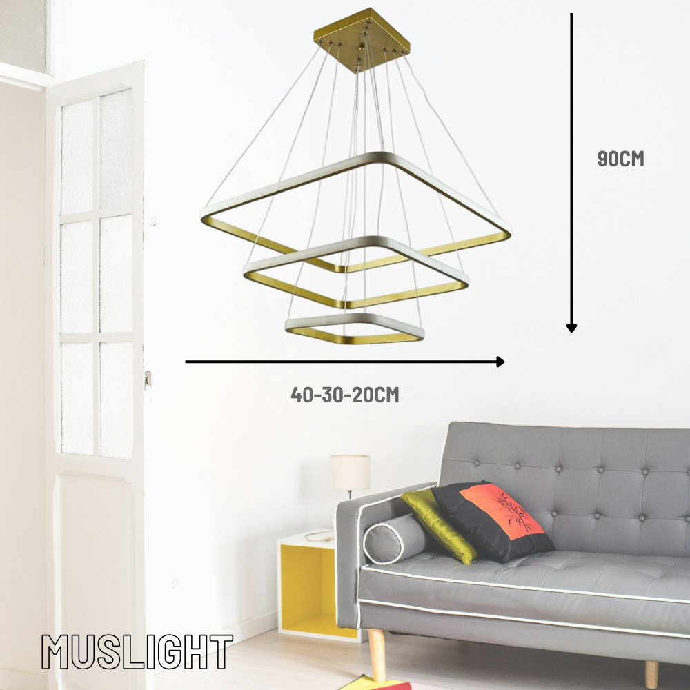 Muslight 3'lü Kare Model 65W LED Avize 40-30-20x90 cm Gold Kaplama 3 Renk Işık