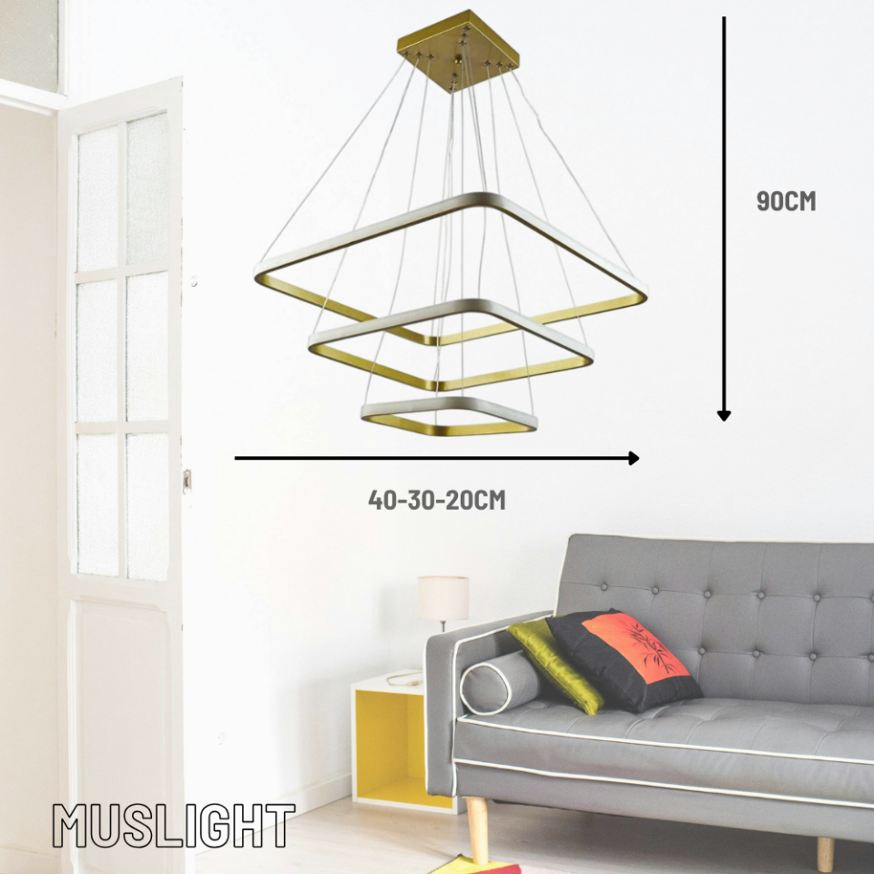 Muslight 3'lü Kare Model 65W LED Avize 40-30-20x90 cm Gold Kaplama 3 Renk Işık
