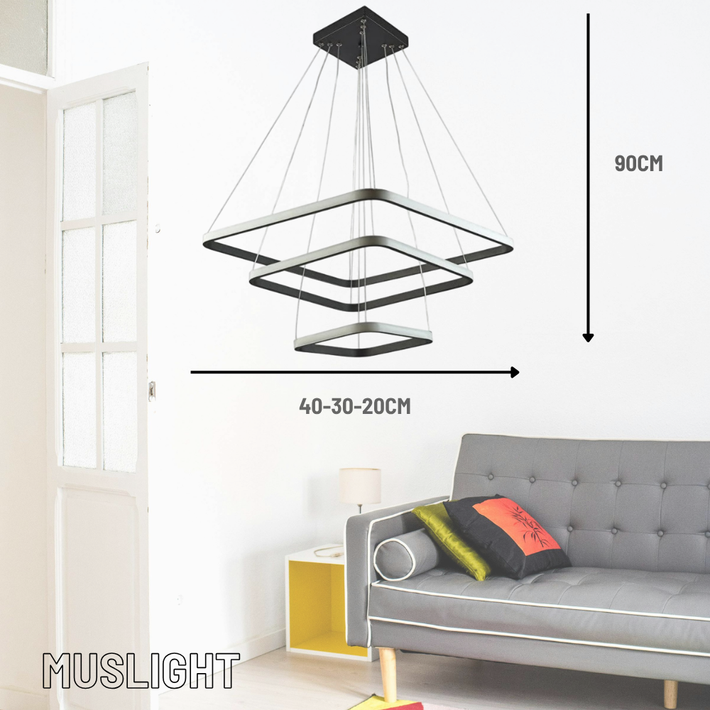 Muslight 3'lü Kare Model 65W LED Avize 40-30-20x90 cm Siyah Kaplama 3 Renk Işık
