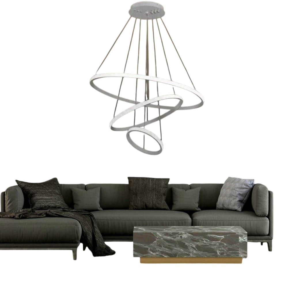 Muslight 3'lü Halka Model 60W LED Avize 40-30-20x90 cm Beyaz Kaplama 3 Renk Işık