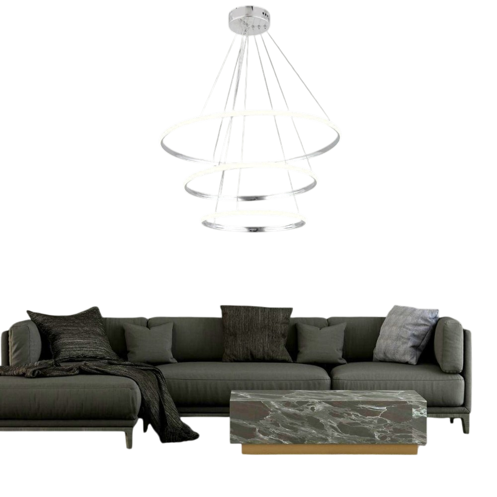 Muslight 3'lü Halka Model 60W LED Avize 40-30-20x90 cm Krom Kaplama 3 Renk Işık