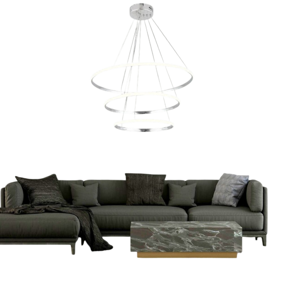 Muslight 3'lü Halka Model 60W LED Avize 40-30-20x90 cm Krom Kaplama 3 Renk Işık