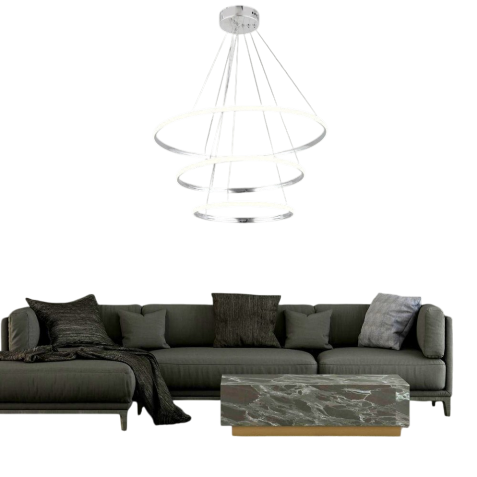 Muslight 3'lü Halka Model 60W LED Avize 40-30-20x90 cm Krom Kaplama 3 Renk Işık