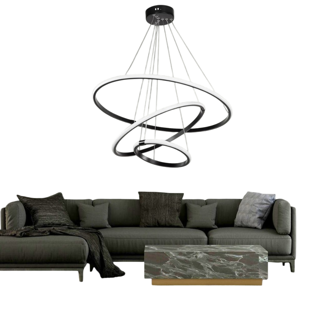 Muslight 3'lü Halka Model 60W LED Avize 40-30-20x90 cm Siyah Kaplama 3 Renk Işık