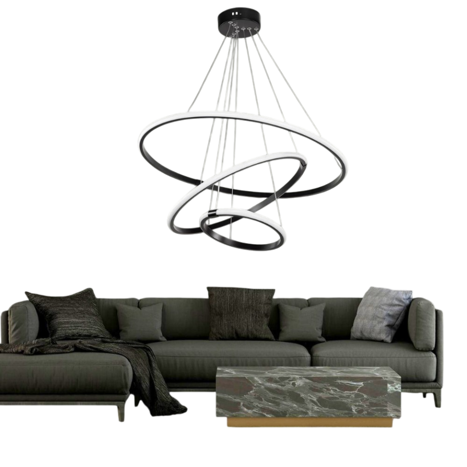 Muslight 3'lü Halka Model 60W LED Avize 40-30-20x90 cm Siyah Kaplama 3 Renk Işık