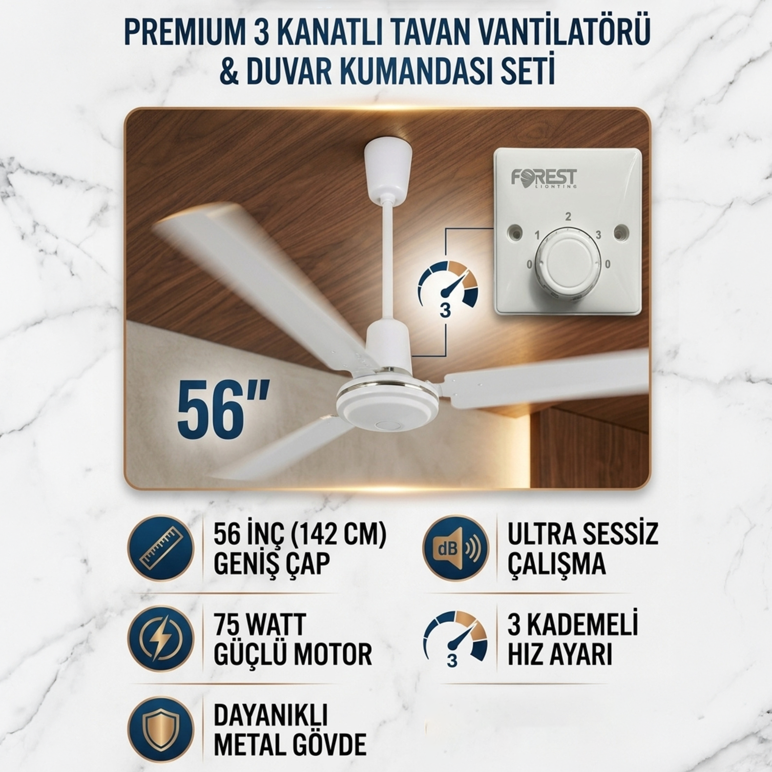 Forest 56” İnç 75W Sessiz Tavan Vantilatörü