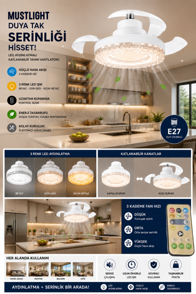 Mustlight 35W E27 Duylu LED Aydınlatmalı Katlanabilir Kanatlı Tavan Vantilatörü